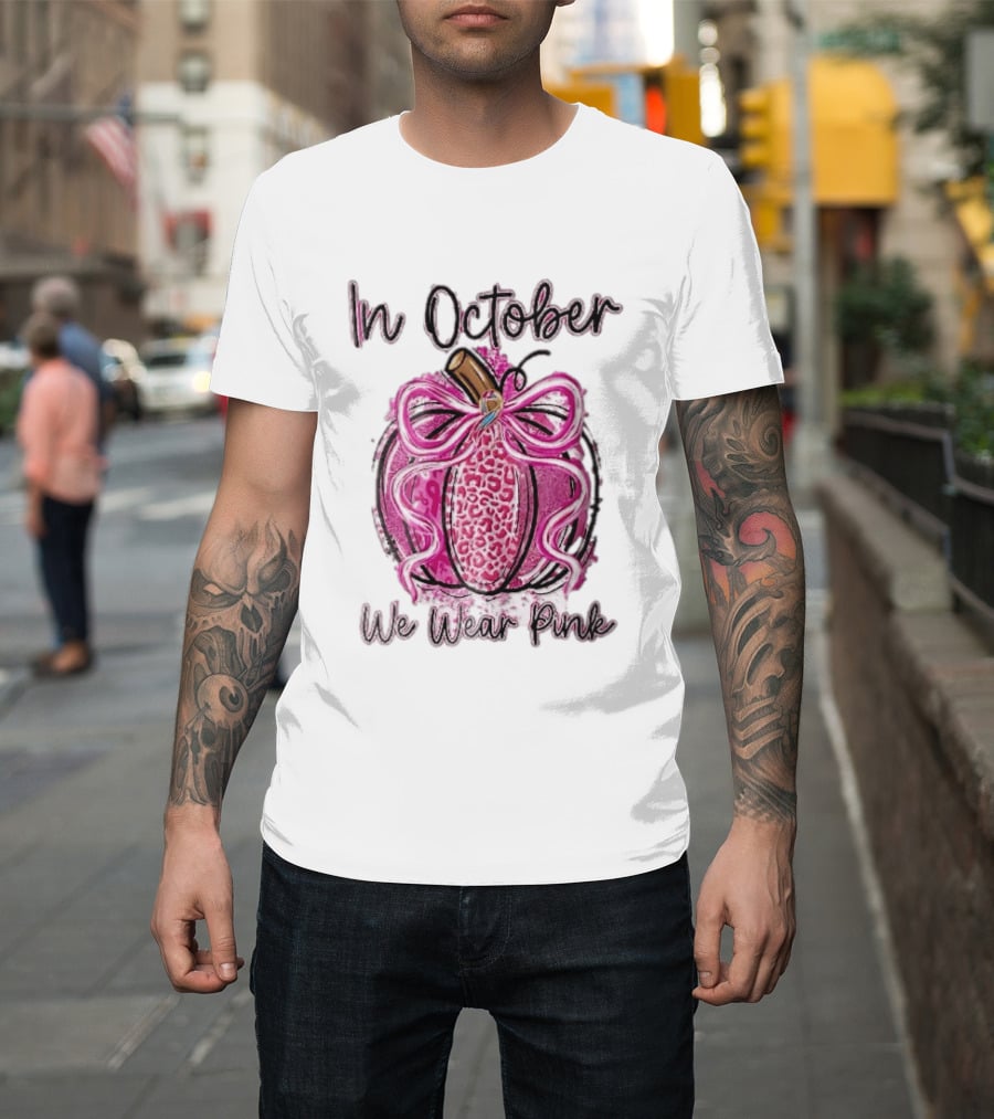 In October We Wear Pink Leopard Pumpkin Breast Cancer Ribbon Bow T-Shirt