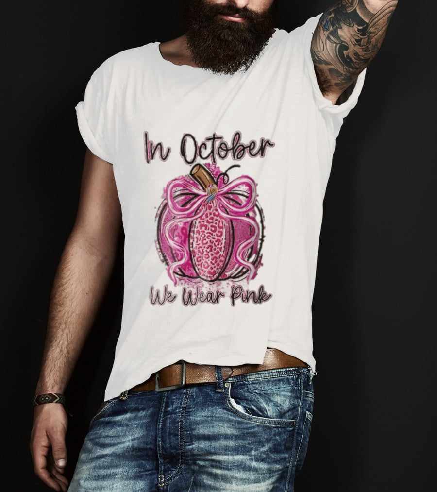In October We Wear Pink Leopard Pumpkin Breast Cancer Ribbon Bow T-Shirt