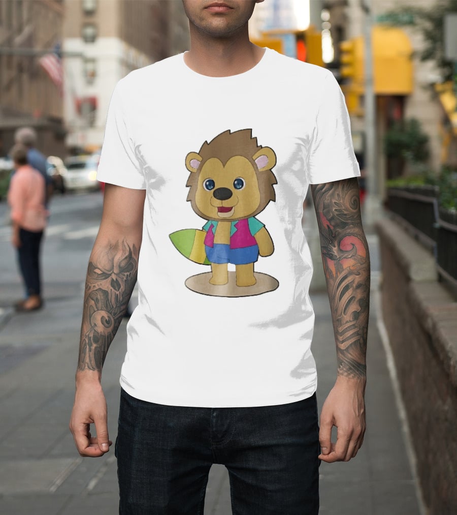 Lion Summer Surfing Adventure Cartoon T-Shirt