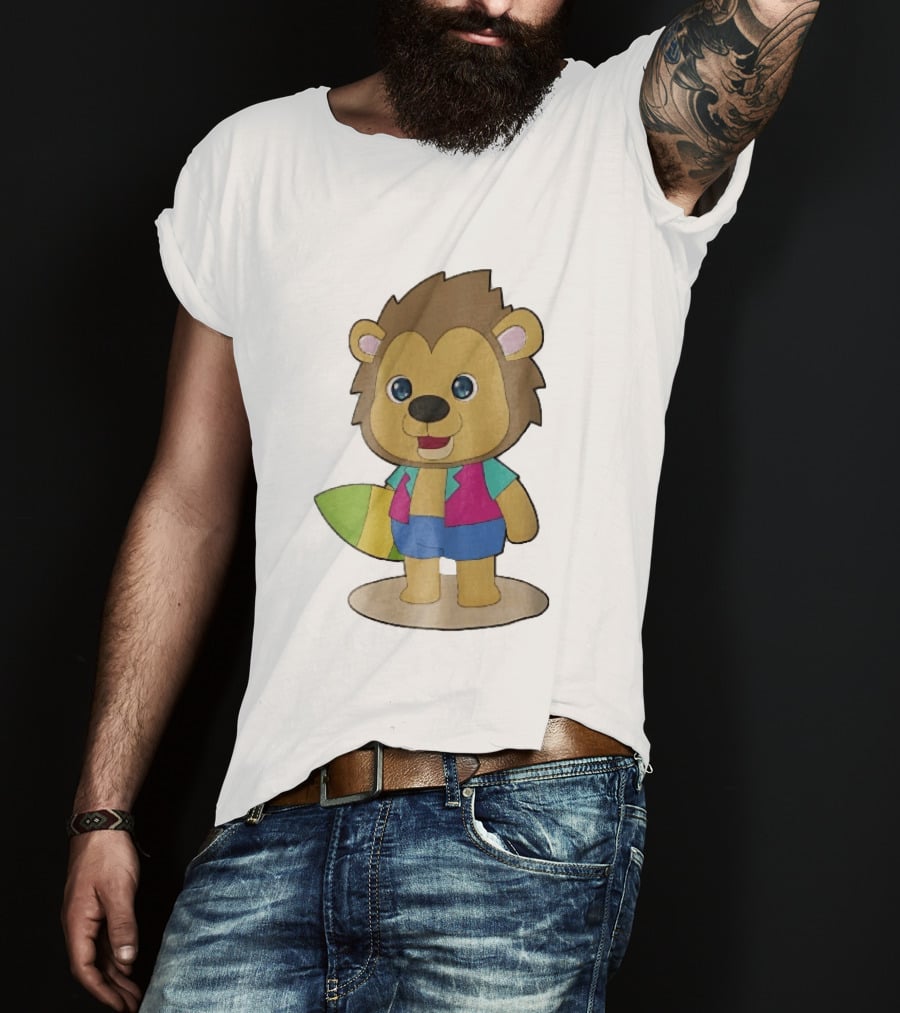 Lion Summer Surfing Adventure Cartoon T-Shirt