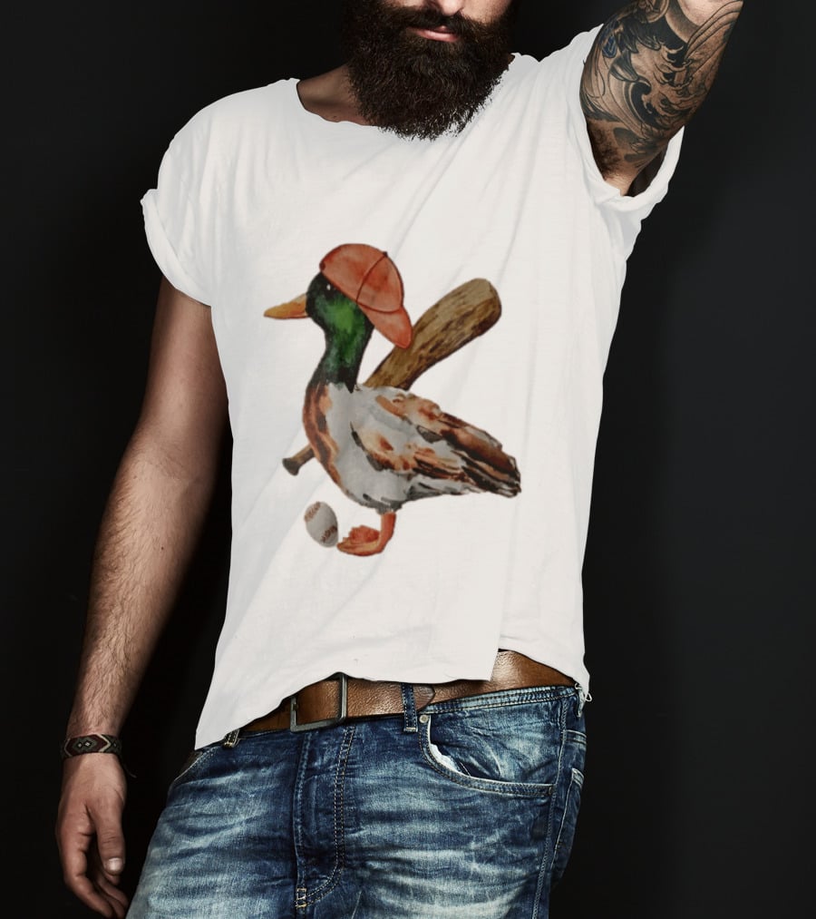 Mallard Duck Baseball Player Red Cap Wooden Bat Watercolor Mallard T-Shirt