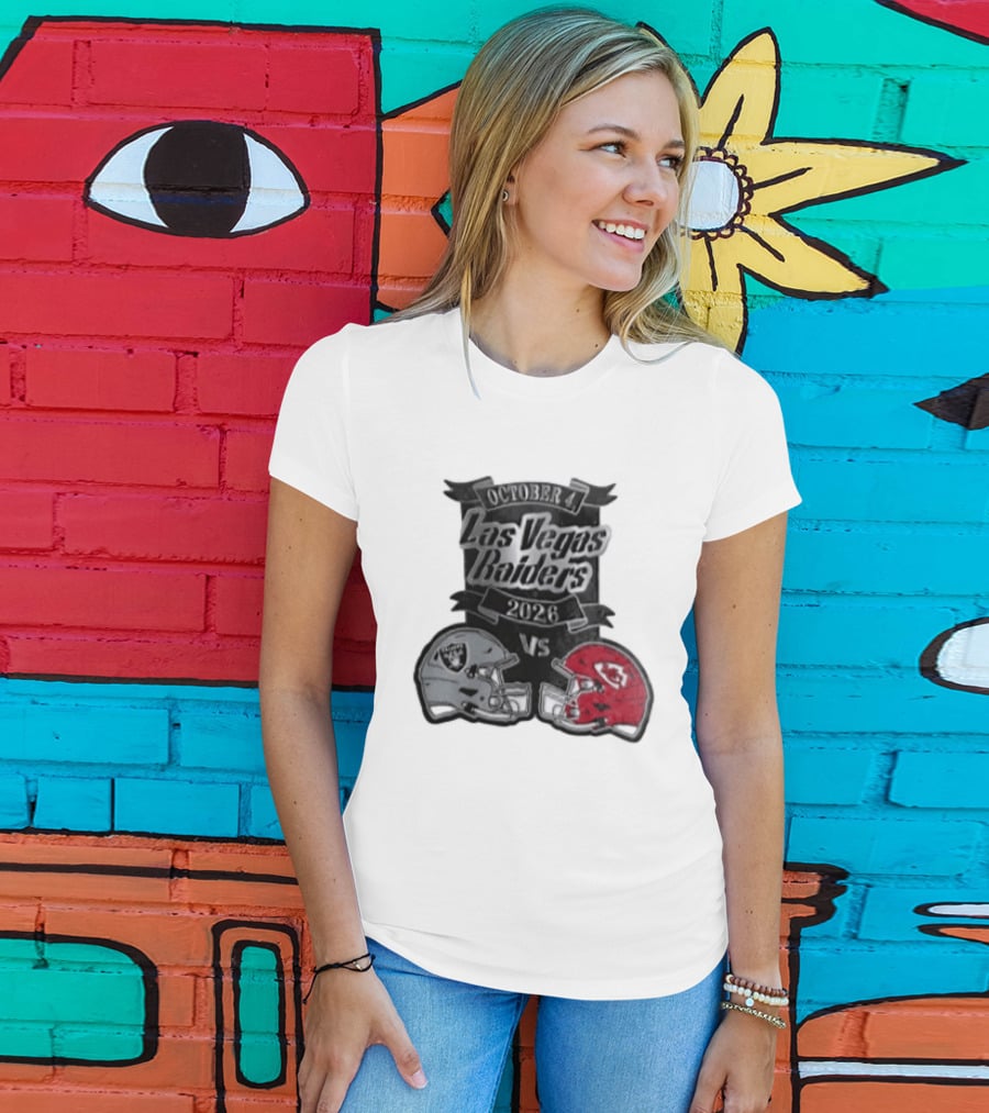Las Vegas Raiders Vs 2026 October 4 Red Silver Opposing Football Helmets T-Shirt