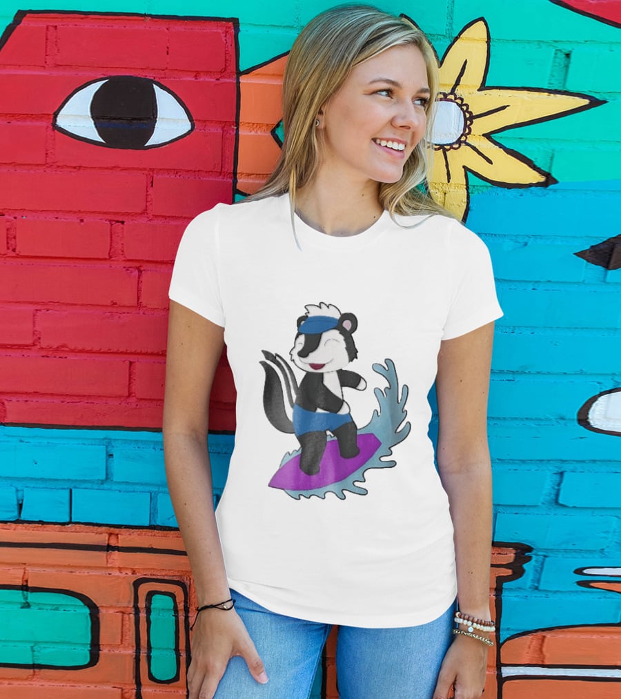 Skunk Surfing Cartoon On Purple Surfboard With Blue Waves And Summer Vibes T-Shirt