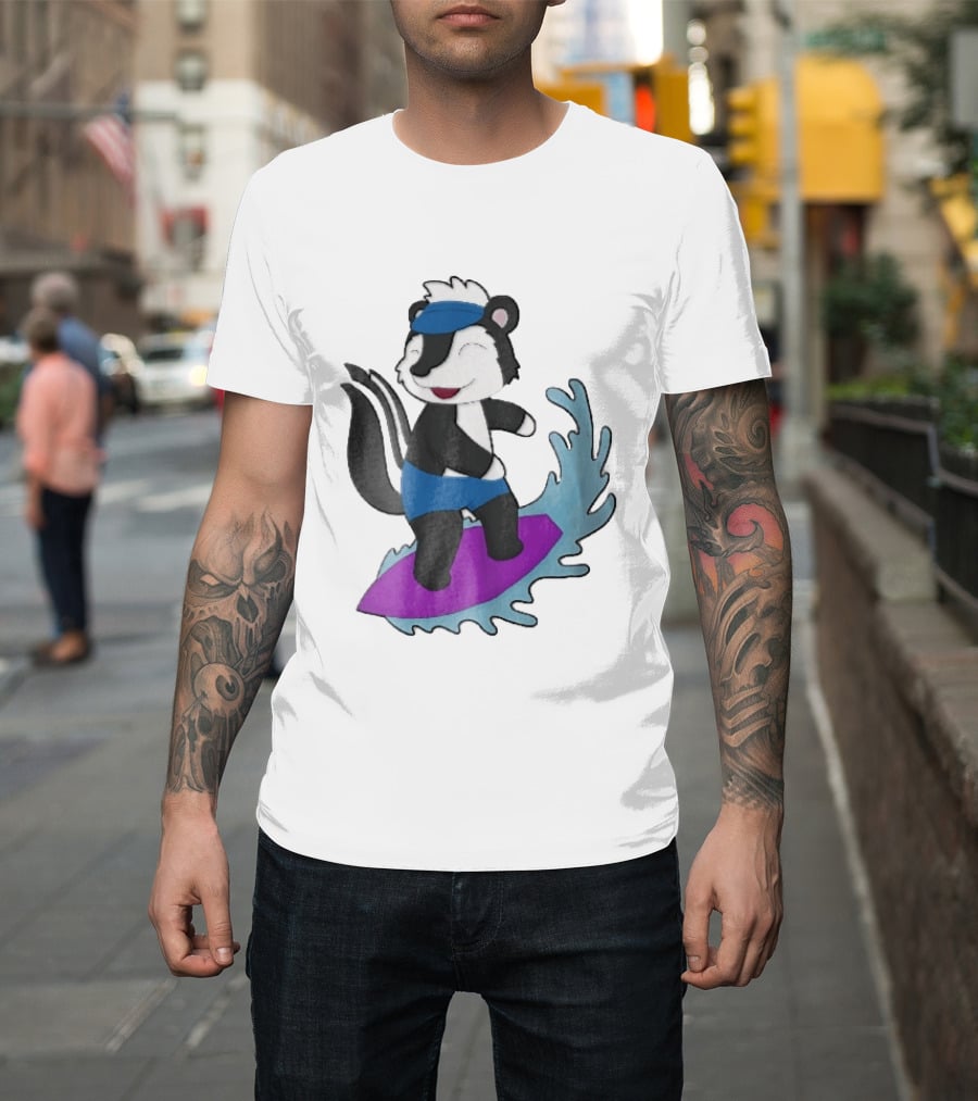 Skunk Surfing Cartoon On Purple Surfboard With Blue Waves And Summer Vibes T-Shirt