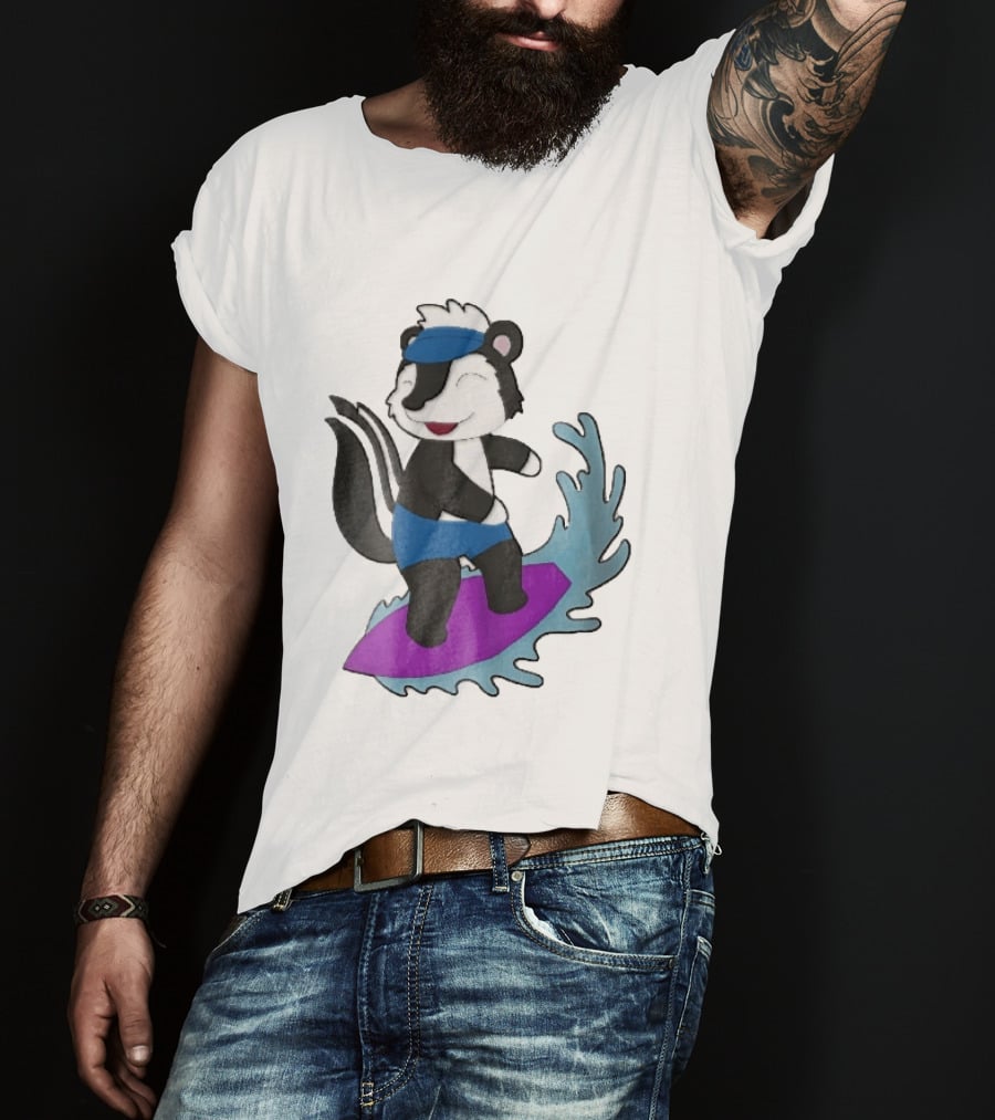 Skunk Surfing Cartoon On Purple Surfboard With Blue Waves And Summer Vibes T-Shirt