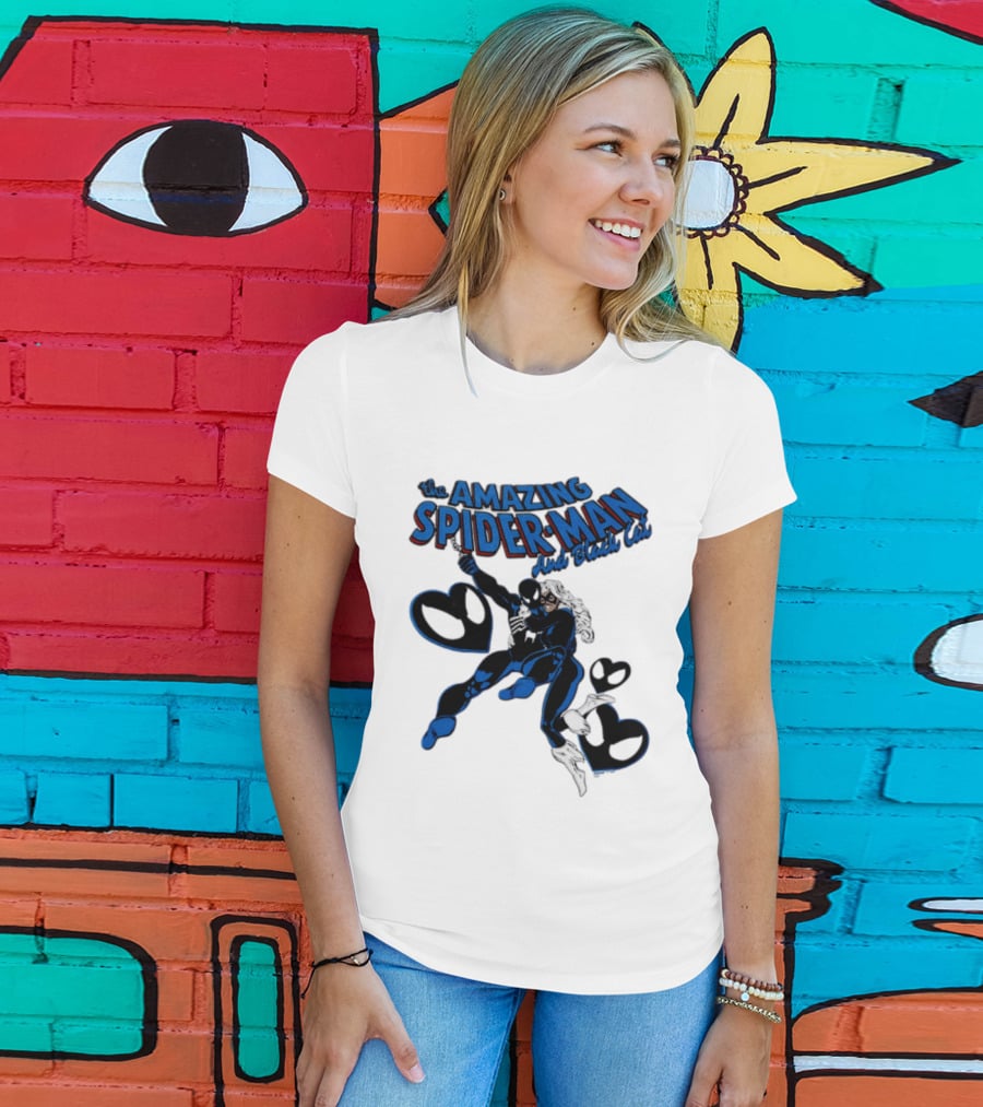 The Amazing Spider Man Hugs Black Cat With Hearts T-Shirt