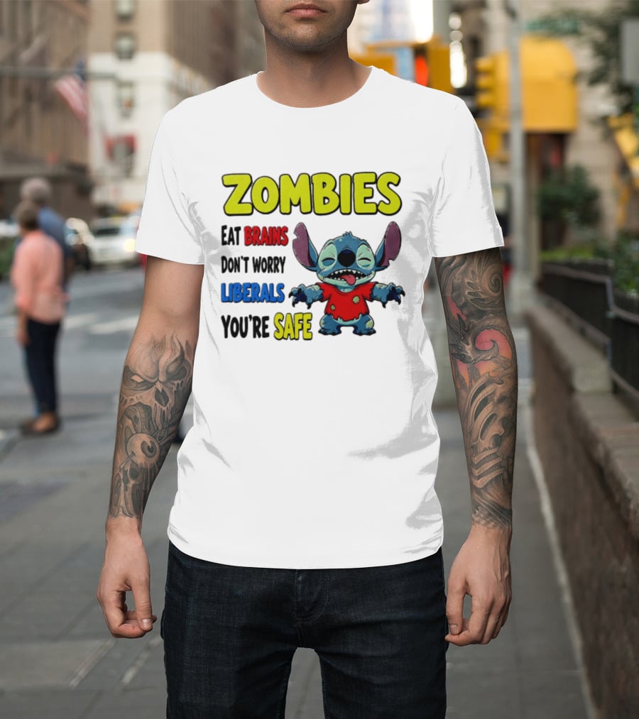 Zombies Eat Brains Don't Worry Liberals You're Safe Stitch Cartoon Creature Stitched Red T-Shirt