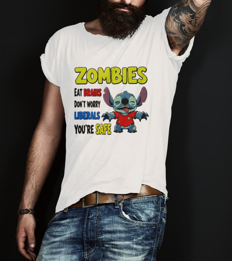 Zombies Eat Brains Don't Worry Liberals You're Safe Stitch Cartoon Creature Stitched Red T-Shirt