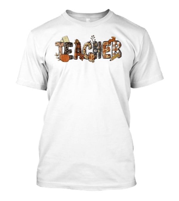 Teacher Fall Autumn Pumpkin Globe Pencil Pie Slice T-Shirt