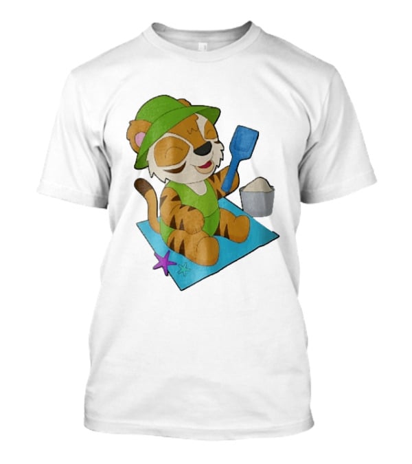 Playful Tiger Beach Sand Adventure Summer Scene T-Shirt