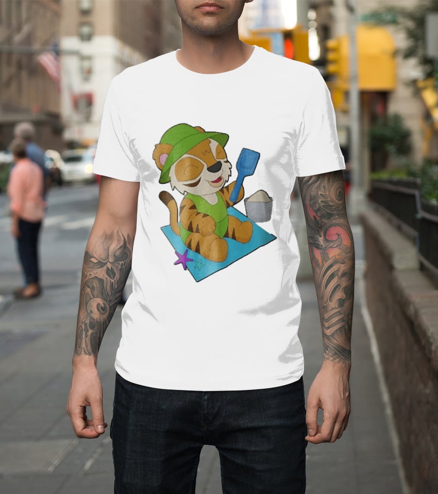 Playful Tiger Beach Sand Adventure Summer Scene T-Shirt