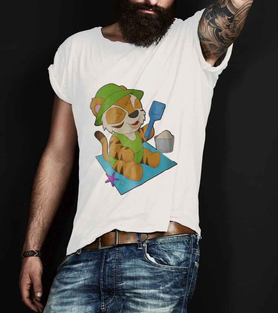 Playful Tiger Beach Sand Adventure Summer Scene T-Shirt