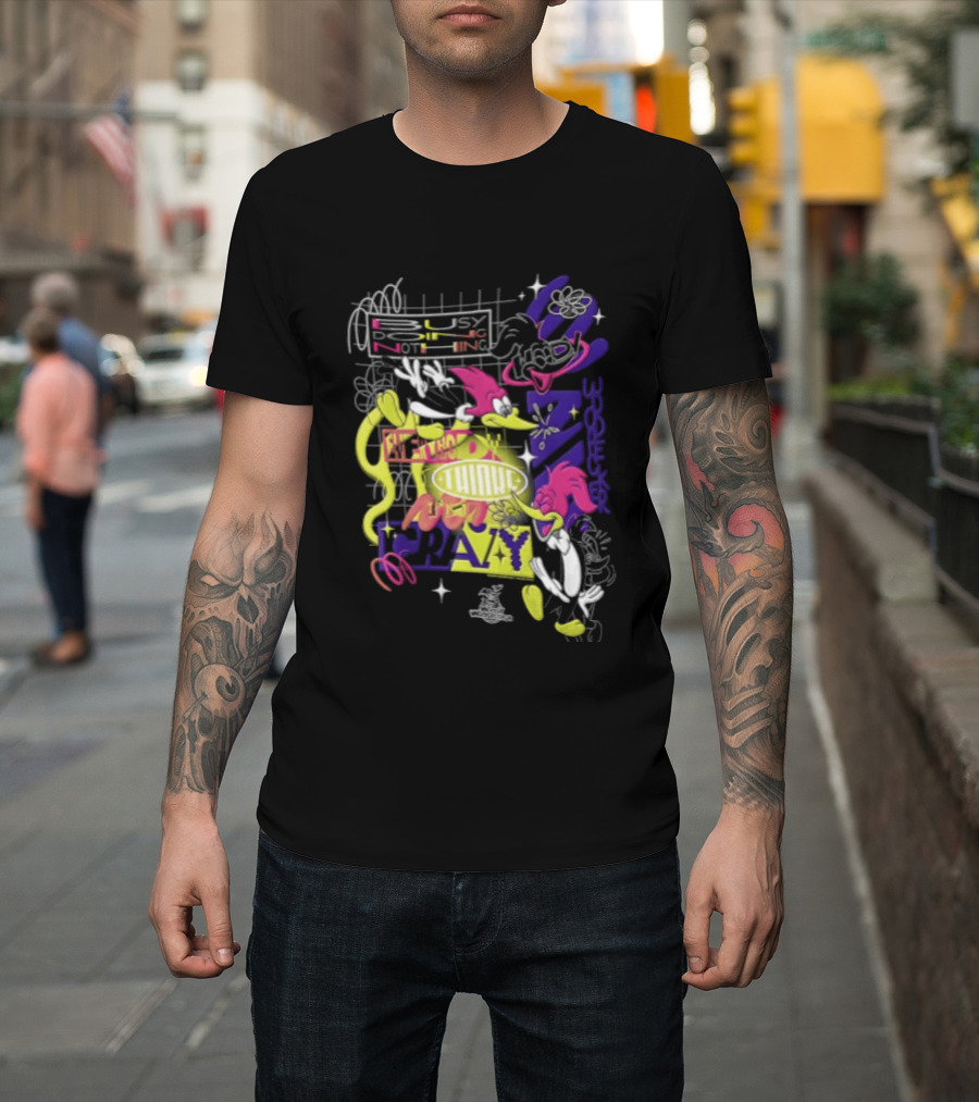 Busy Doing Nothing Everybody Thinks I'm Crazy Woody Woodpecker Walter Lantz Neon Grid Poses T-Shirt