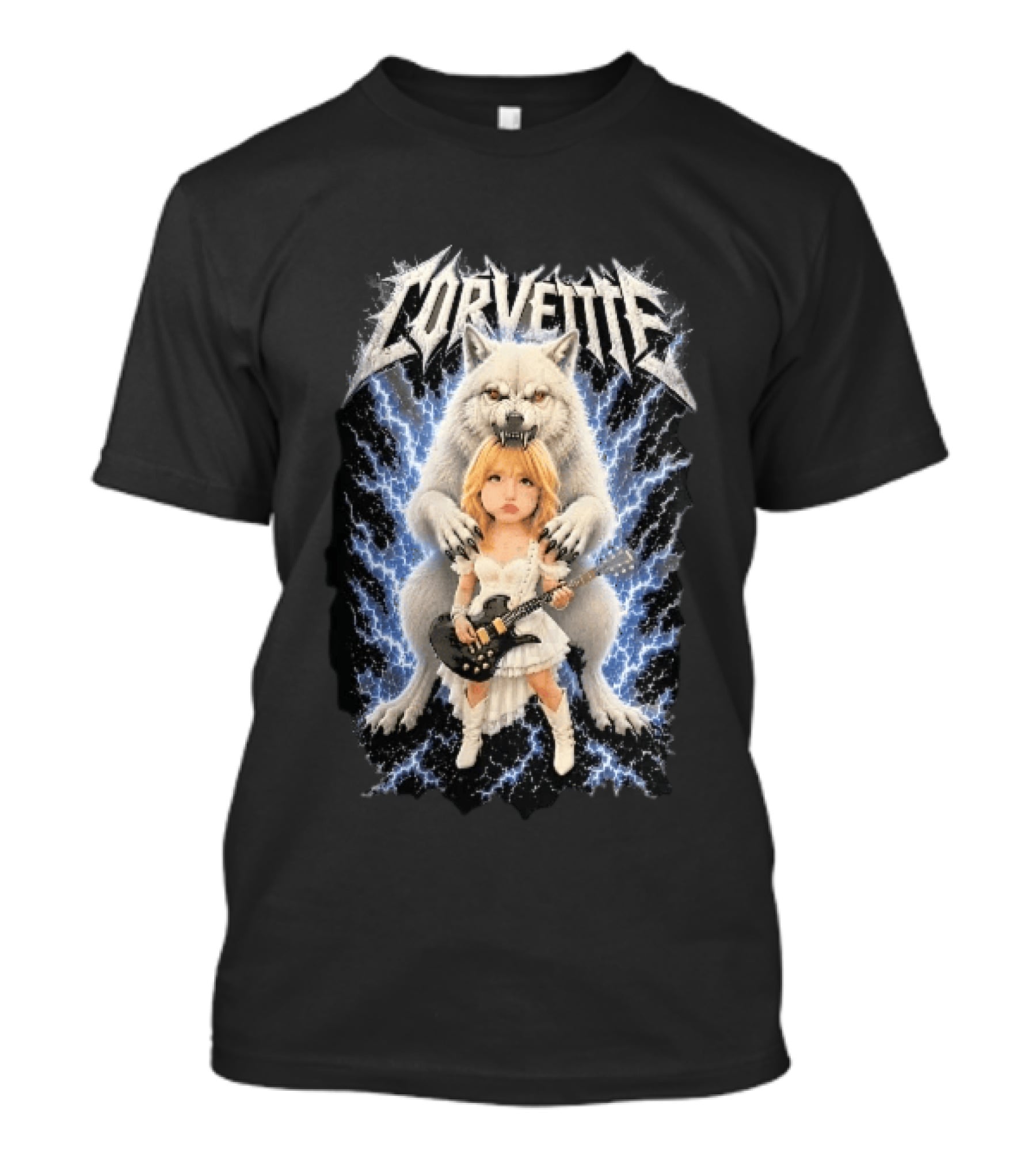 Corvette Chibi Blonde With Electric Guitar White Wolf And Lightning Heavy Metal T-Shirt