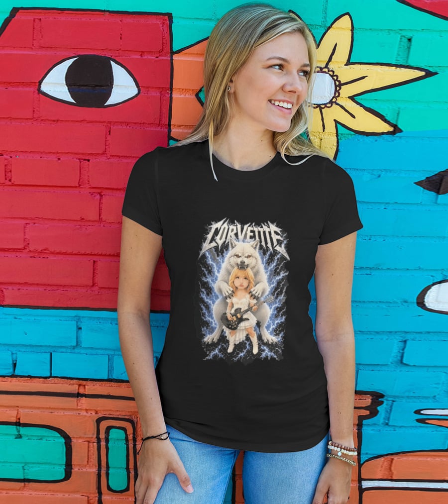 Corvette Chibi Blonde With Electric Guitar White Wolf And Lightning Heavy Metal T-Shirt