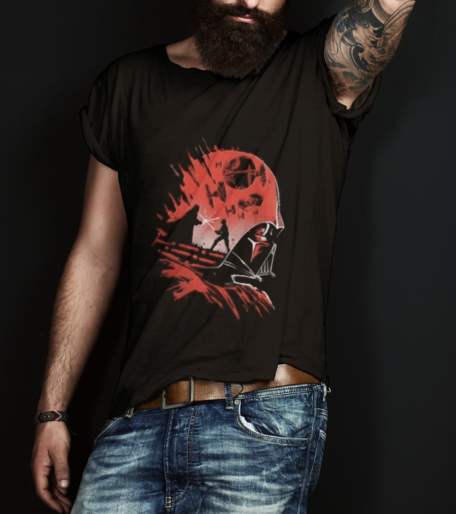 Darth Vader Luke Skywalker Lightsaber Duel Death Star TIE Fighters Red Stencil T-Shirt