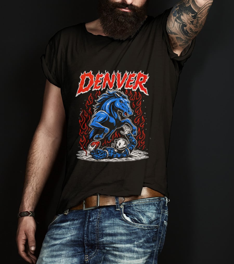 Denver Broncos Blue Horse Fire Football Player Flame T-Shirt