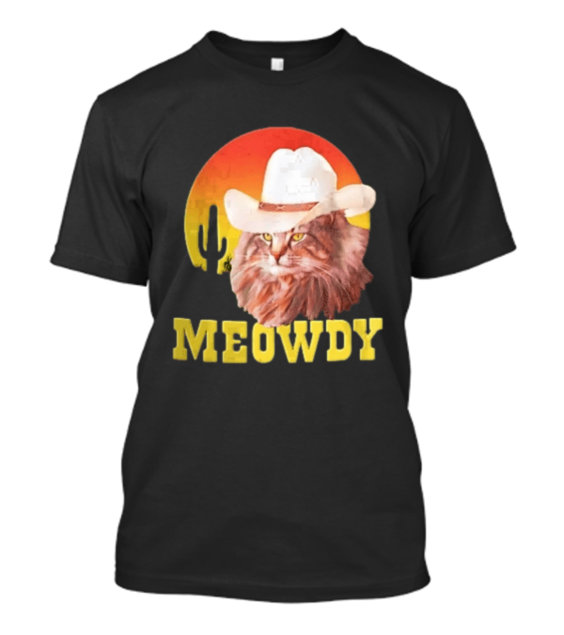 Meowdy Cowboy Cat In White Hat With Sunset And Cactus T-Shirt