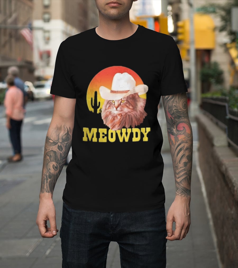 Meowdy Cowboy Cat In White Hat With Sunset And Cactus T-Shirt