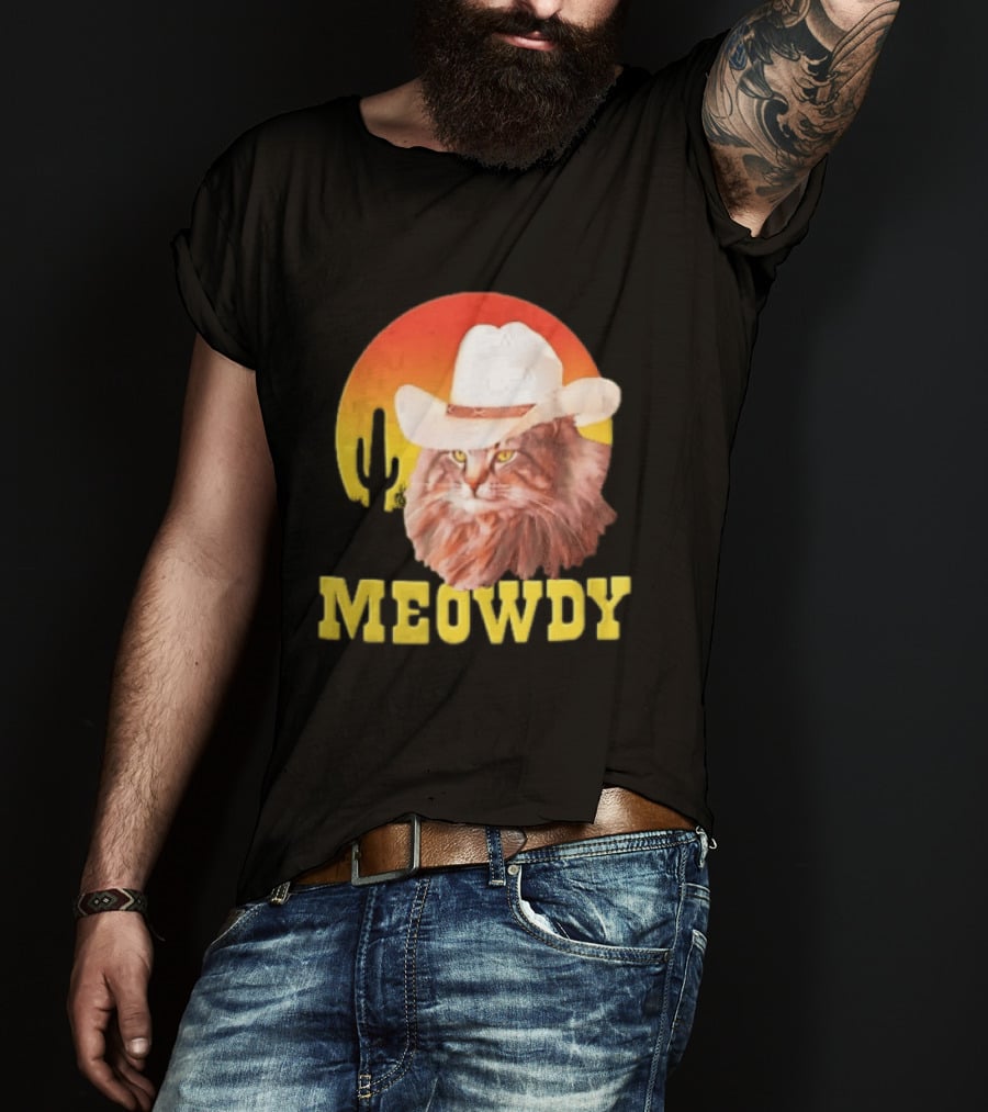 Meowdy Cowboy Cat In White Hat With Sunset And Cactus T-Shirt
