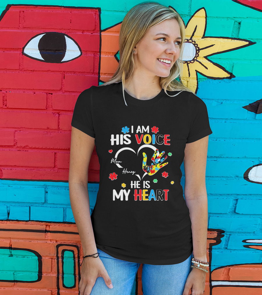 I Am His Voice He Is My Heart Autism Awareness Mom Henry Puzzle Pieces T-Shirt