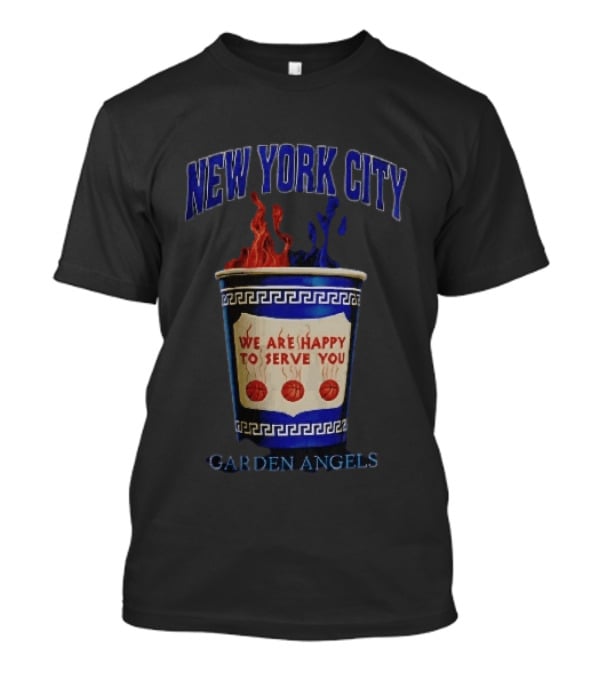 New York City Greek Coffee Cup We Are Happy To Serve You Garden Angels Flaming Basketballs T-Shirt
