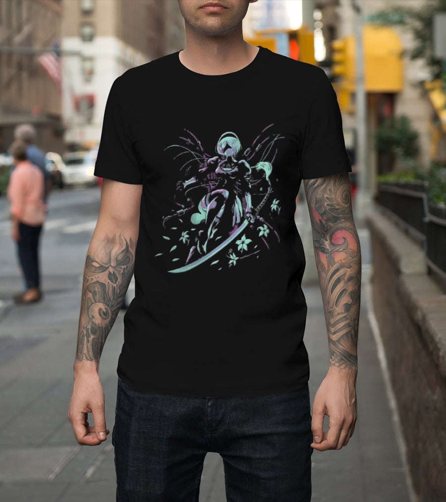 NieR Automata 2B With Pastel Sword And Flower Motif T-Shirt