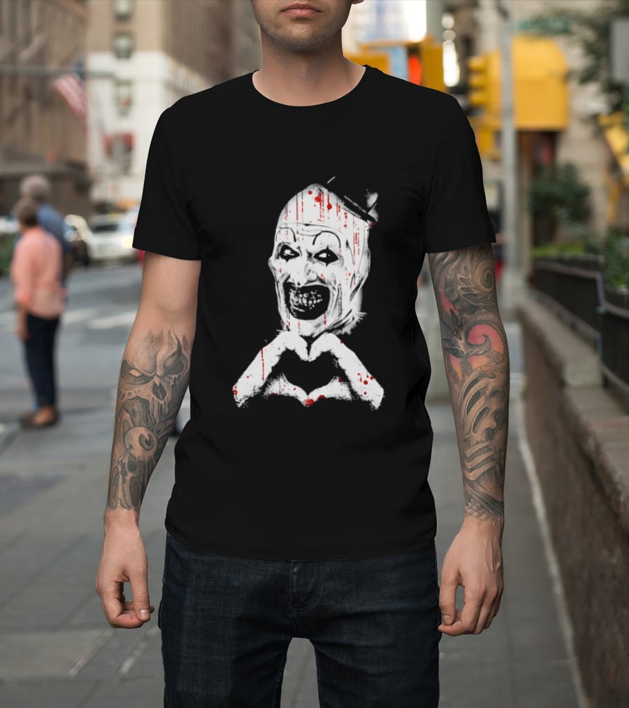 Terrifying Clown With Creepy Heart Hands And Bloody Accents T-Shirt