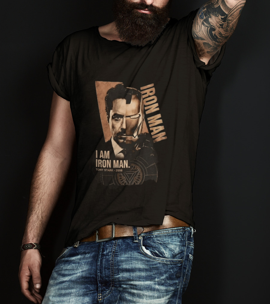 I Am Iron Man Tony Stark 2008 Robert Downey Jr Split Face Iron Man T-Shirt