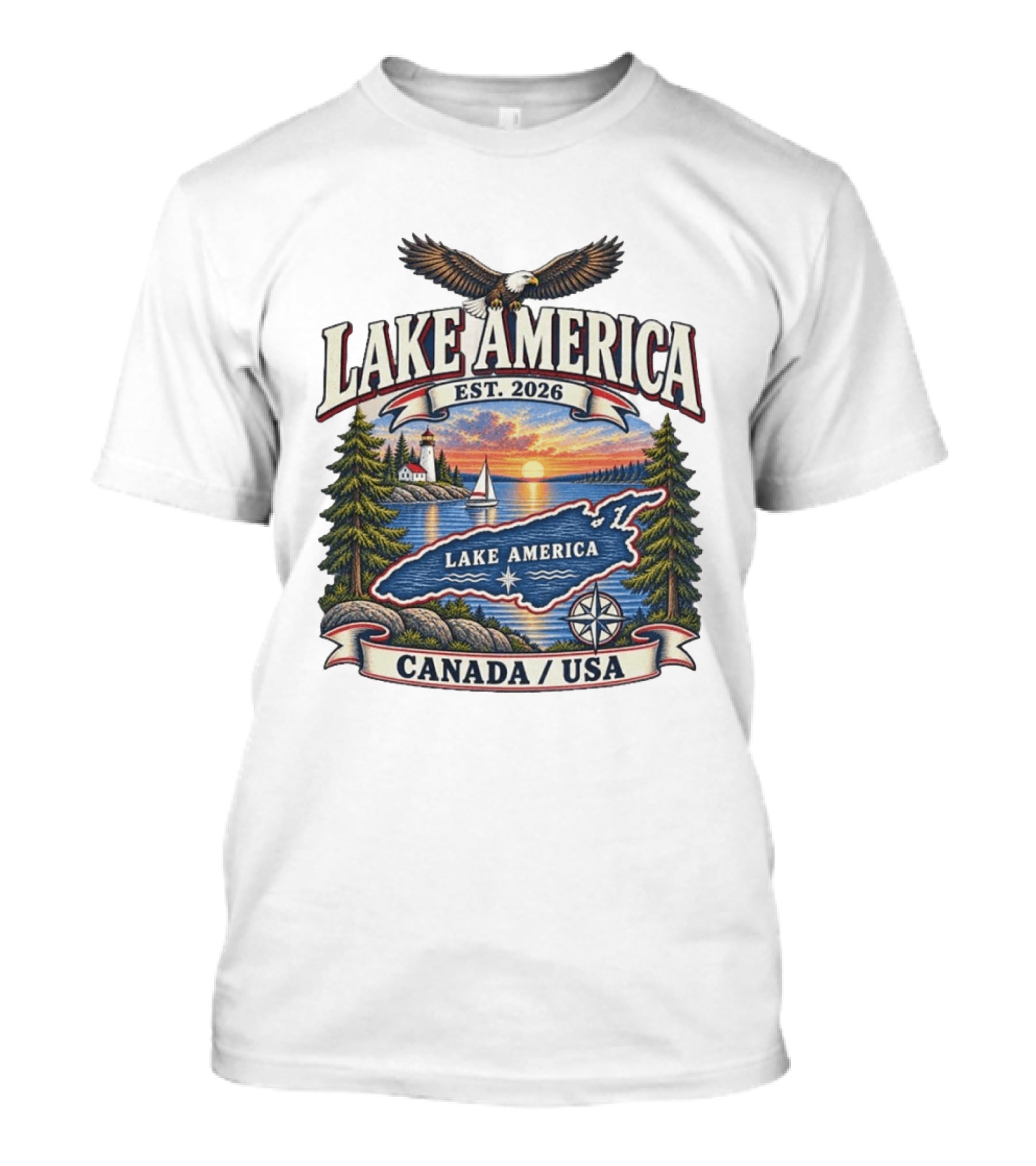 Lake America Est. 2026 Great Lakes Canada USA Scenic Sunset Eagle Sailboat T-Shirt