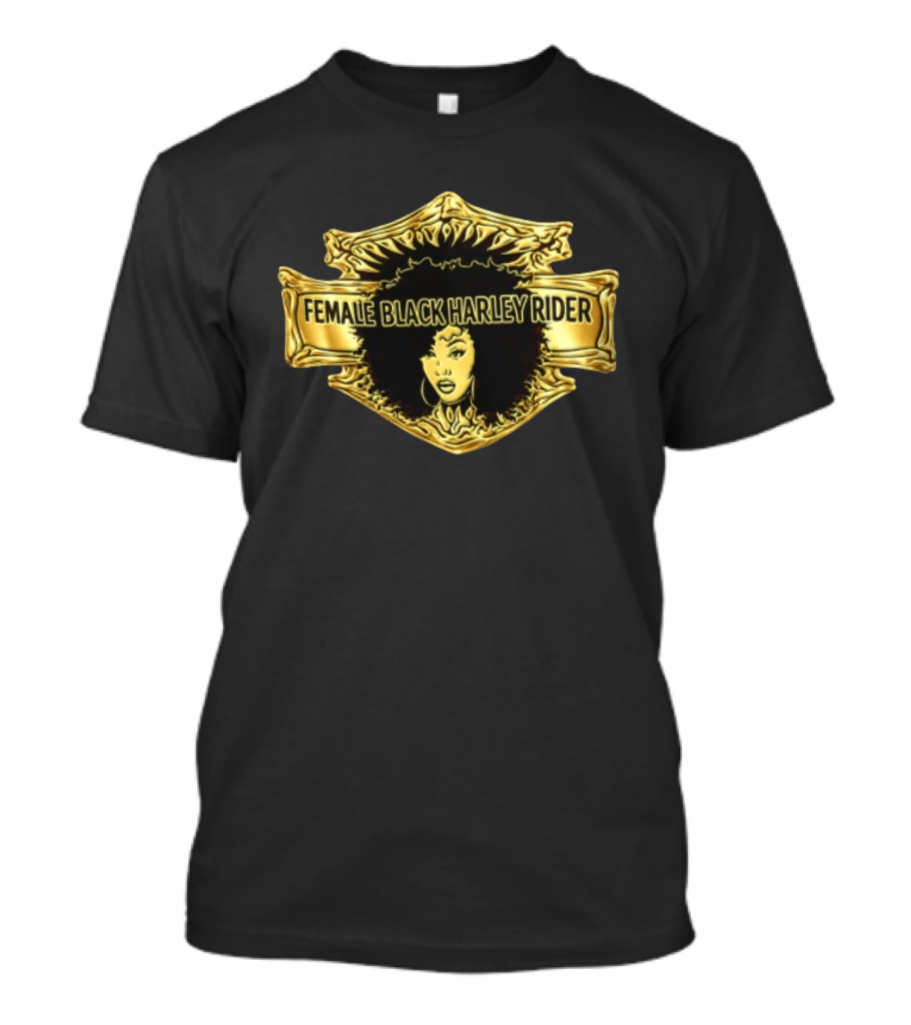 Female Black Harley Rider Gold Ornate Shield Afro T-Shirt