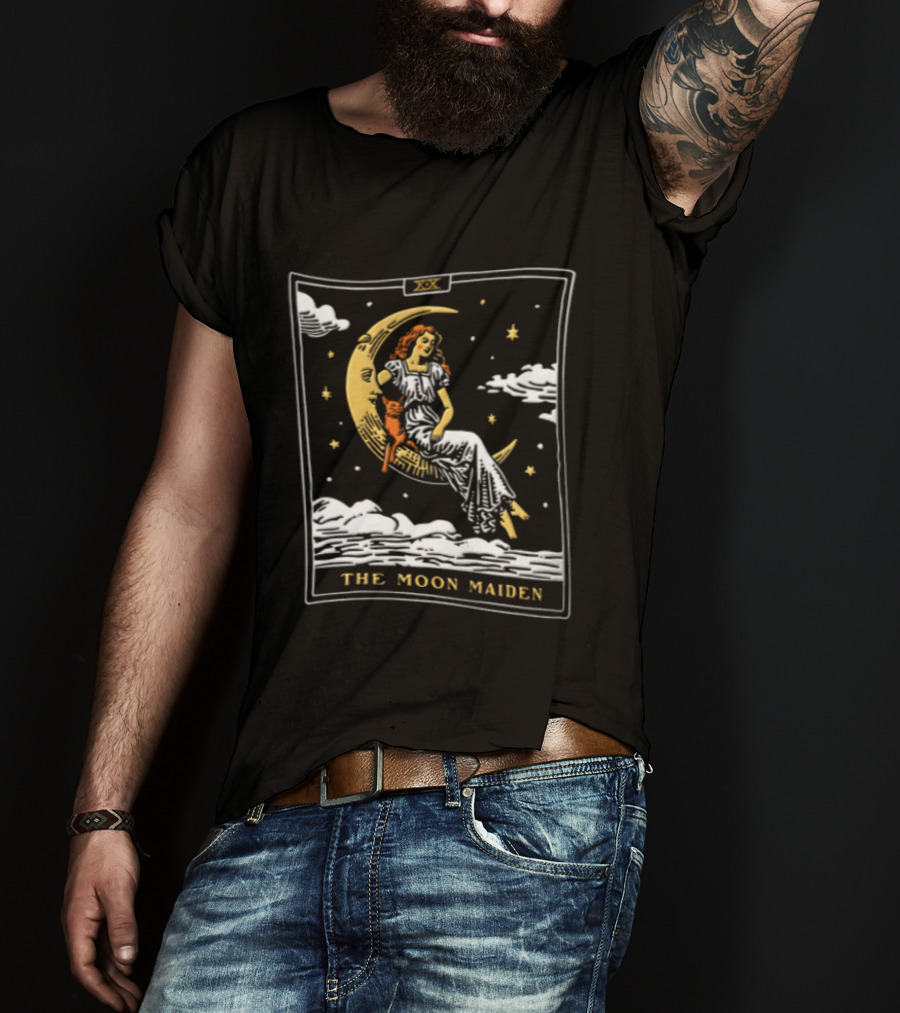 The Moon Maiden Tarot Card Crescent Cat And Stars T-Shirt
