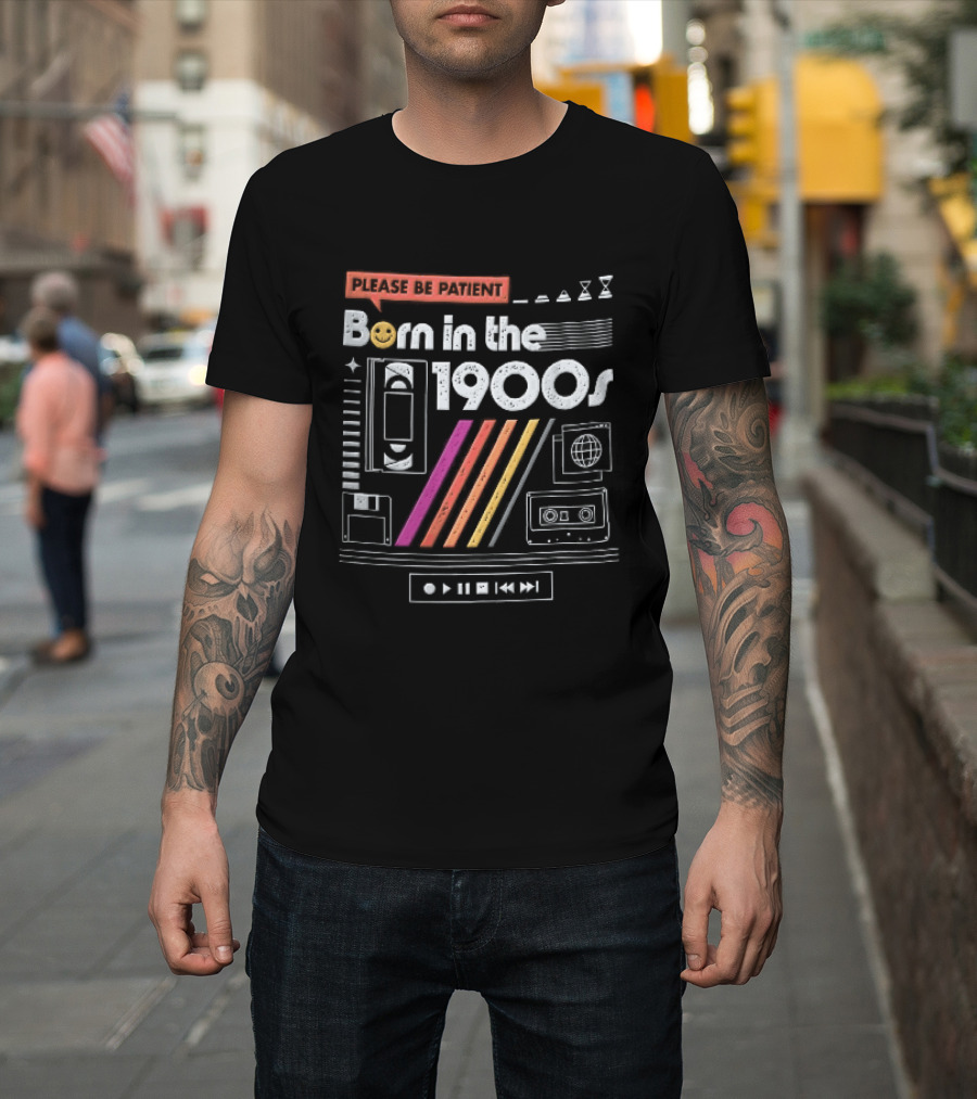 Please Be Patient Born In The 1900s VHS Tape Cassette Floppy Disk Colorful Stripes Retro Technology T-Shirt