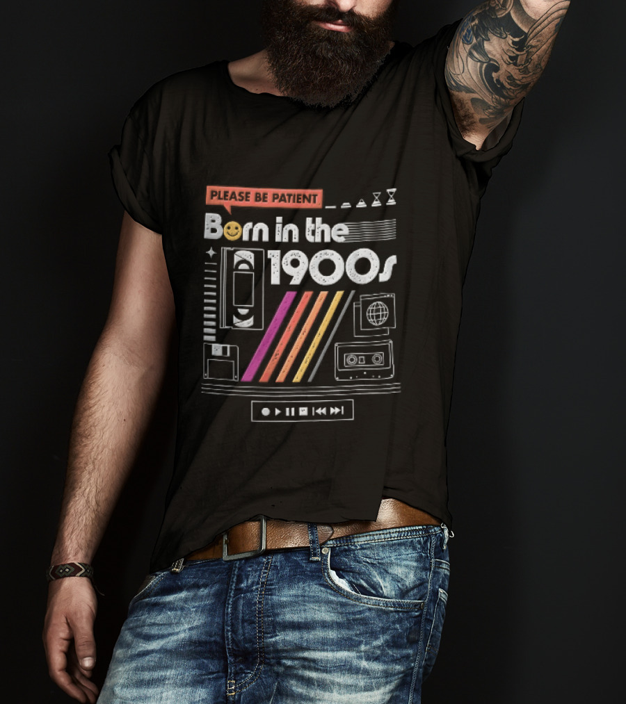 Please Be Patient Born In The 1900s VHS Tape Cassette Floppy Disk Colorful Stripes Retro Technology T-Shirt