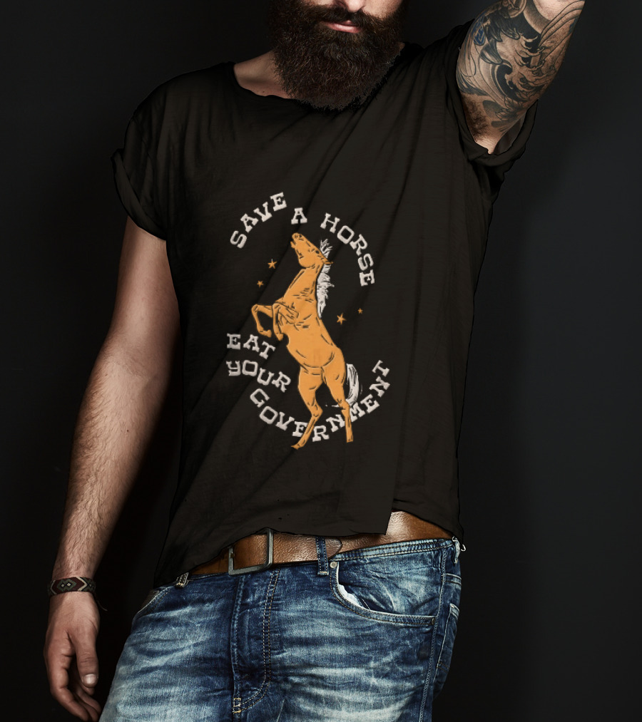 Save A Horse Eat Your Government Rearing Orange Stallion Woodcut Stars T-Shirt