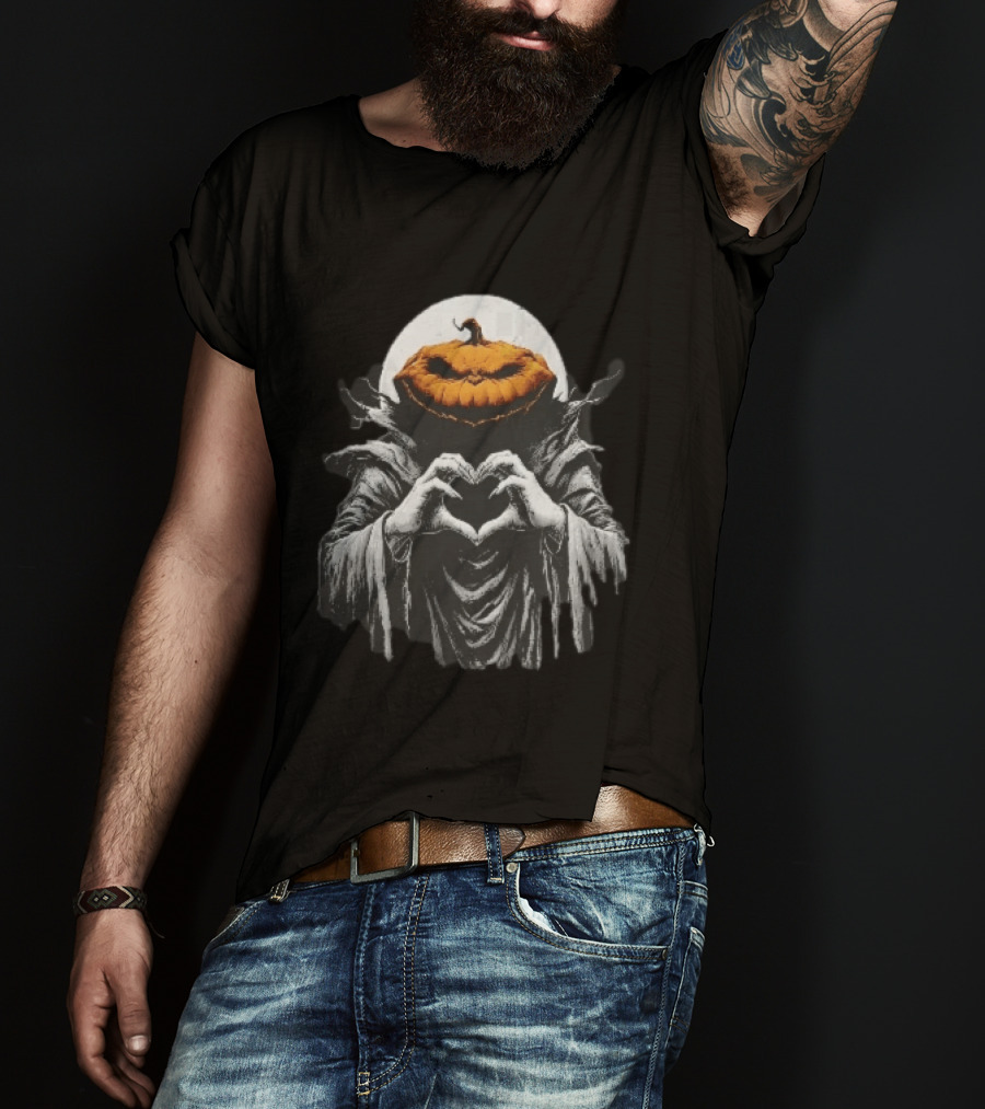 Scary Jack O Lantern Hooded Cloak Heart Hands Full Moon T-Shirt