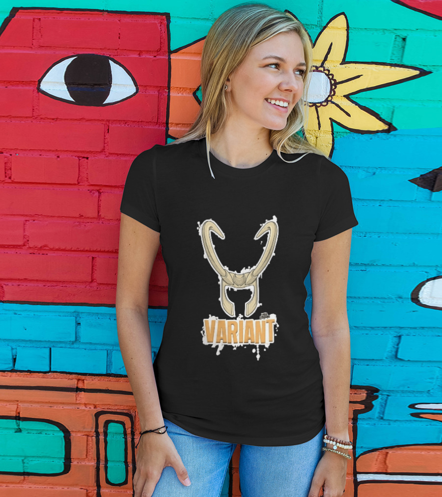 Variant Loki Horned Helmet Golden Horns White Paint Splatter Grunge Cartoon T-Shirt