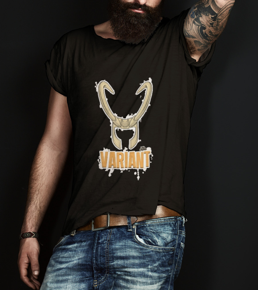 Variant Loki Horned Helmet Golden Horns White Paint Splatter Grunge Cartoon T-Shirt