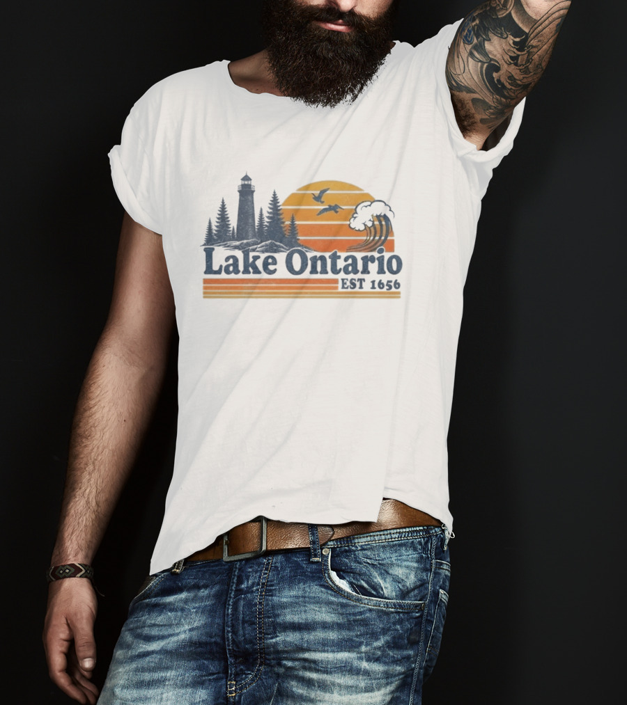 Lake Ontario Est 1656 Lighthouse Sunset Tree Birds T-Shirt