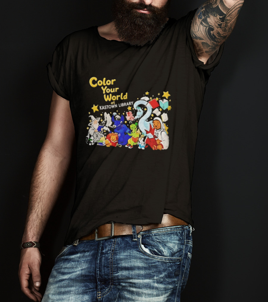 Color Your World At Kastown Library With Reading Books And Vibrant Characters T-Shirt