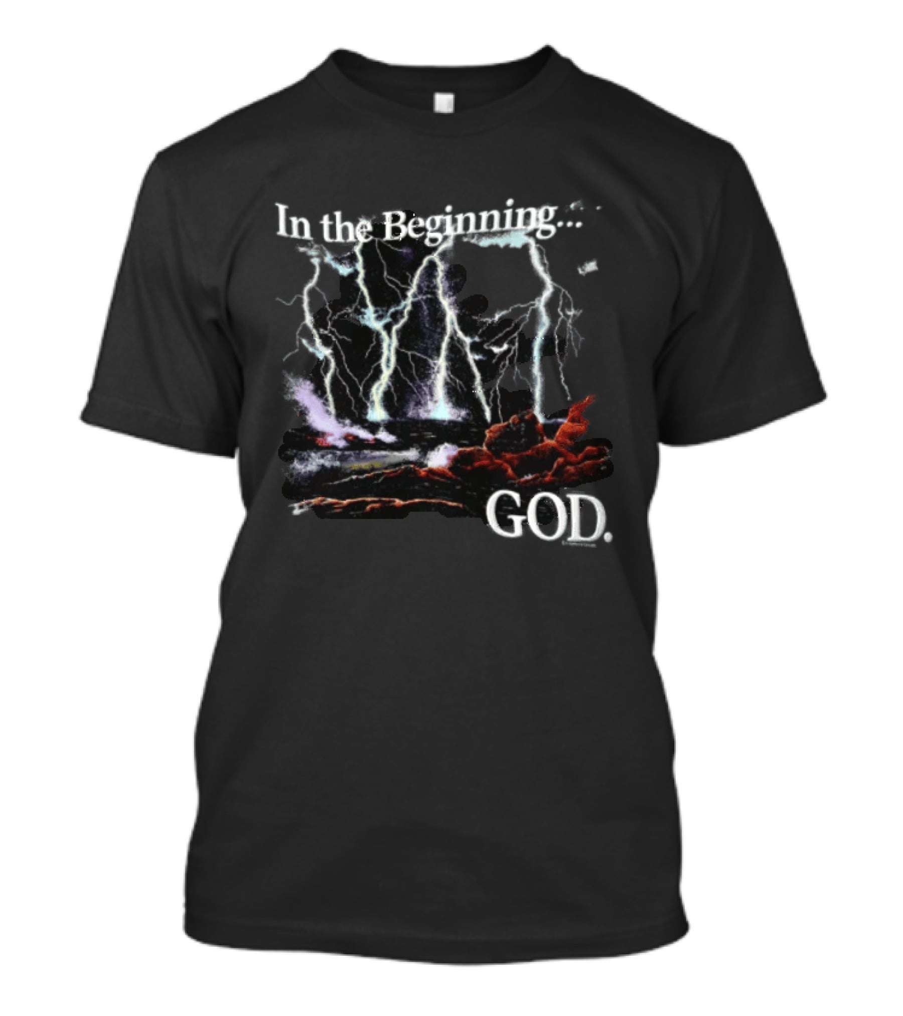 In The Beginning God Lightning Bolts Crashing Waves Rocky Shore T-Shirt