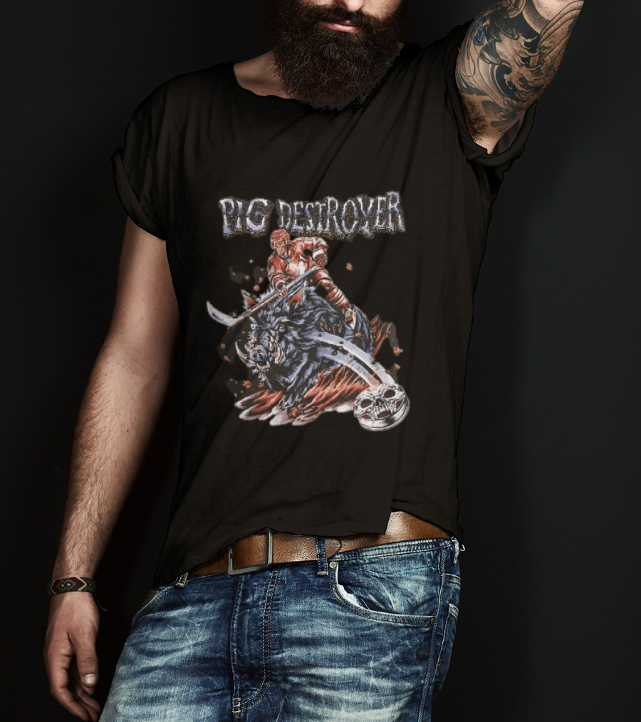 Pig Destroyer Skeleton Hockey Player Riding Wild Boar Skull Puck T-Shirt