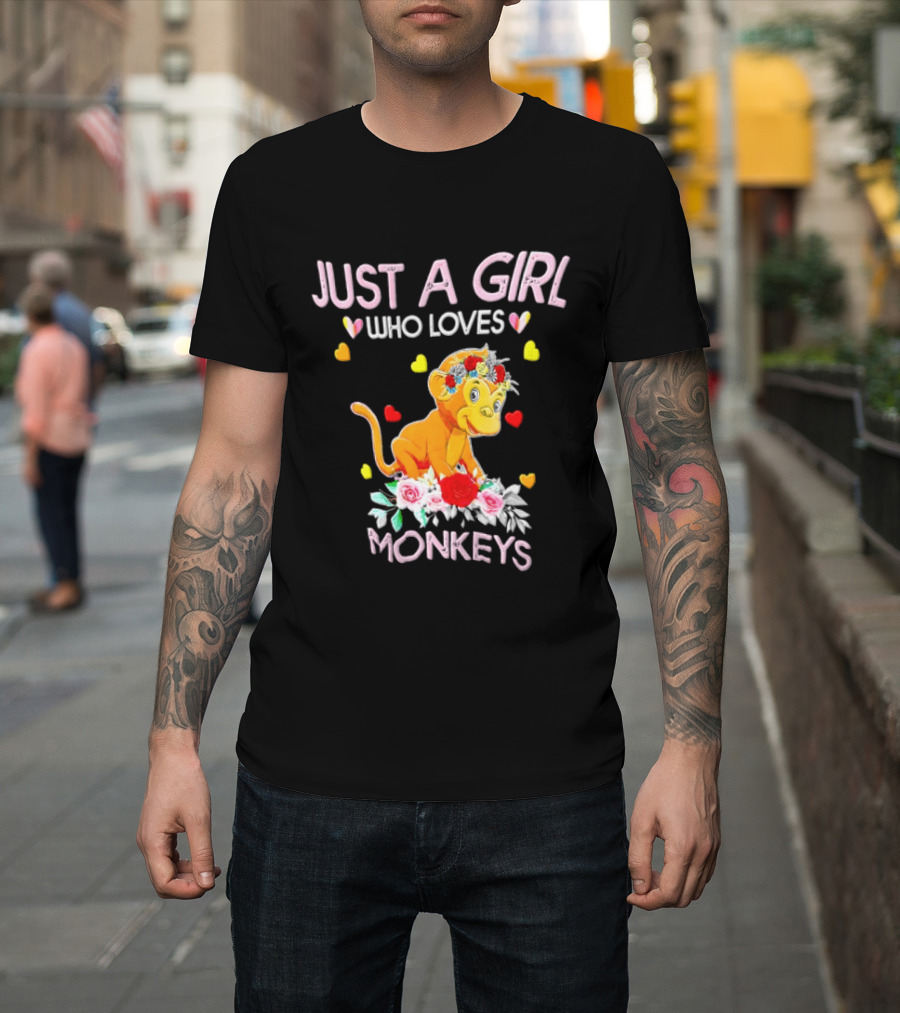 Just A Girl Who Loves Monkeys With Hearts And Flowers T-Shirt