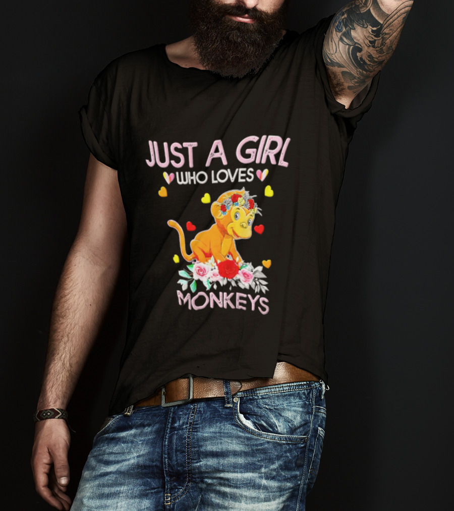 Just A Girl Who Loves Monkeys With Hearts And Flowers T-Shirt