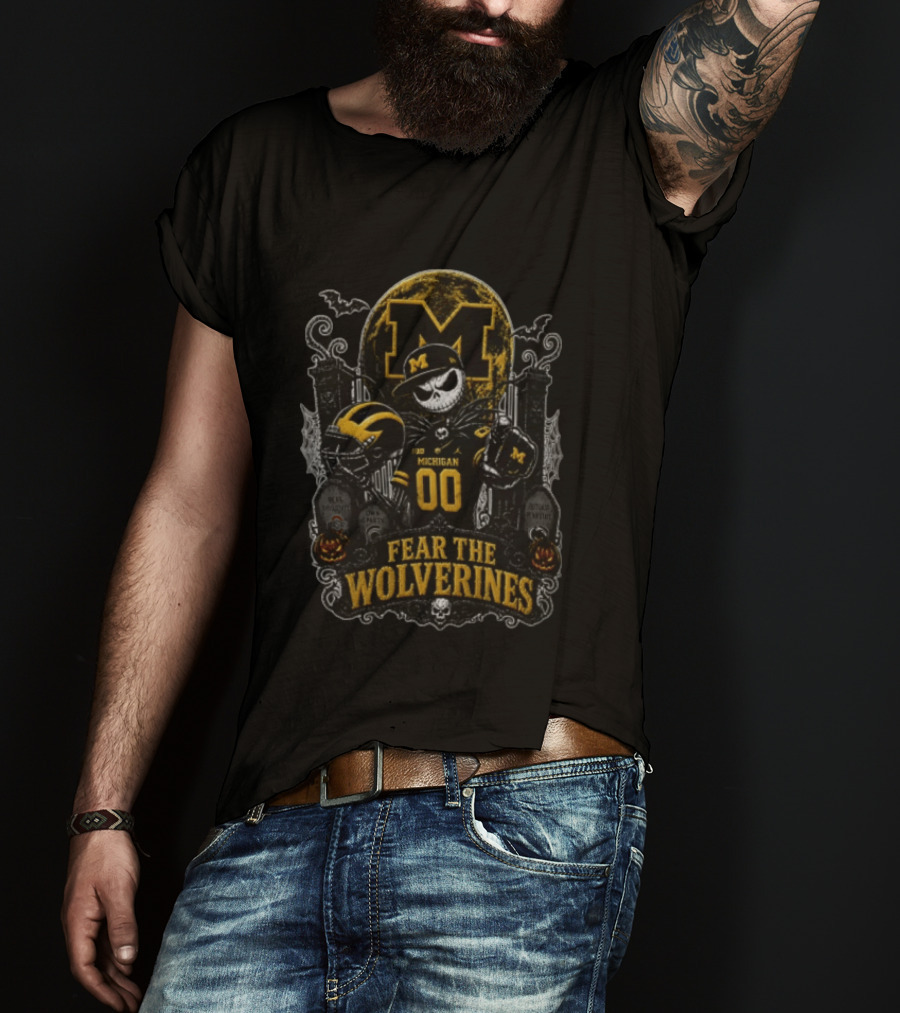 Fear The Michigan Wolverines Jack Skellington Halloween Skeleton Graveyard Tombstones Pumpkins Bats T-Shirt