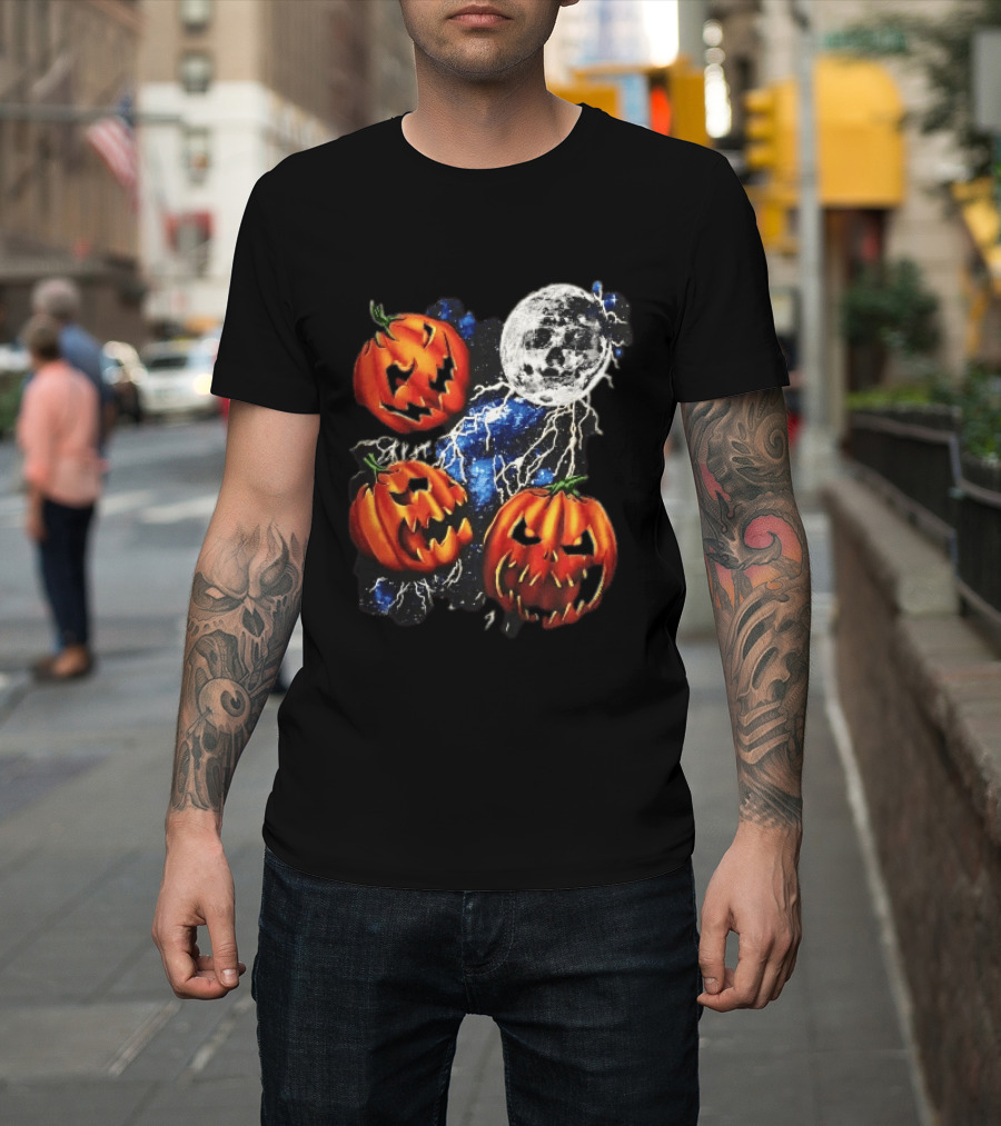 Halloween Pumpkins Skull Moon Lightning T-Shirt