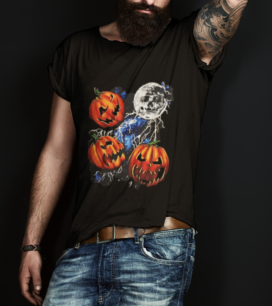 Halloween Pumpkins Skull Moon Lightning T-Shirt