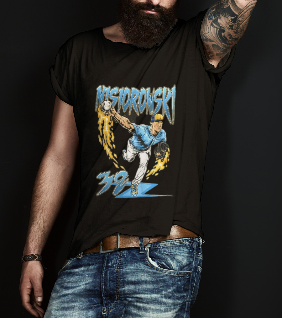 Misiorowski 32 Baseball Pitcher Throwing Flaming Ball In Action T-Shirt