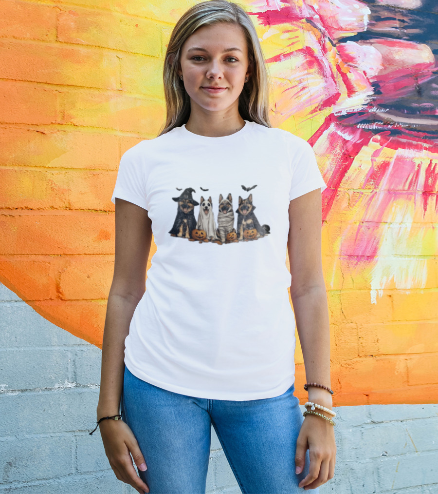 German Shepherd Ghost Witch Mummy Halloween Pumpkins T-Shirt
