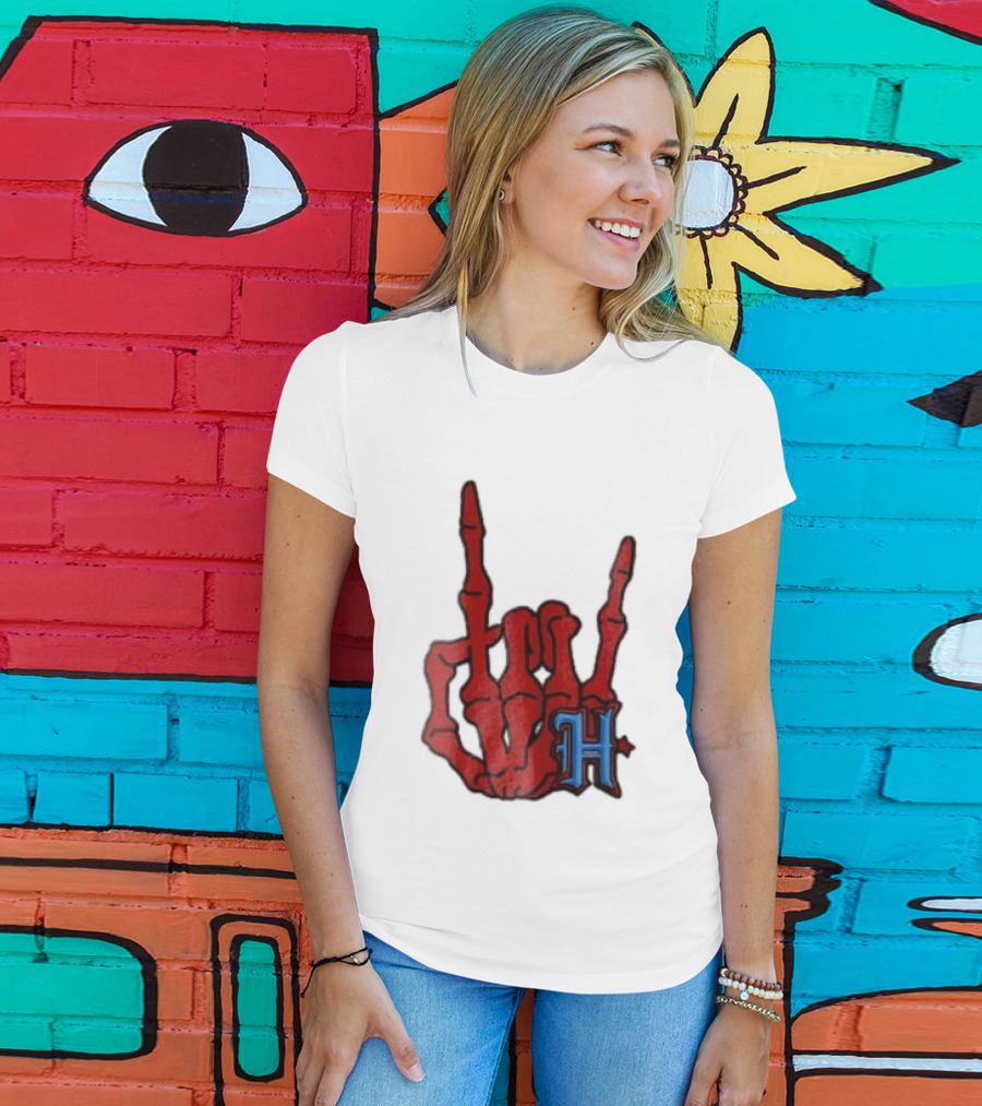 Red Skeleton Hand Sign With Blue H T-Shirt